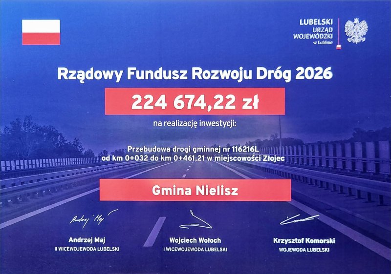 Gmina Nielisz z kolejnym ważnym wsparciem na rozwój infrastruktury, przebudowa drogi gminnej w miejscowości Złojec