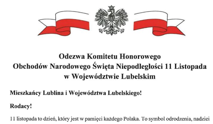 Odezwa Komitetu Honorowego Obchodów Narodowego Święta Niepodległości 11 Listopada