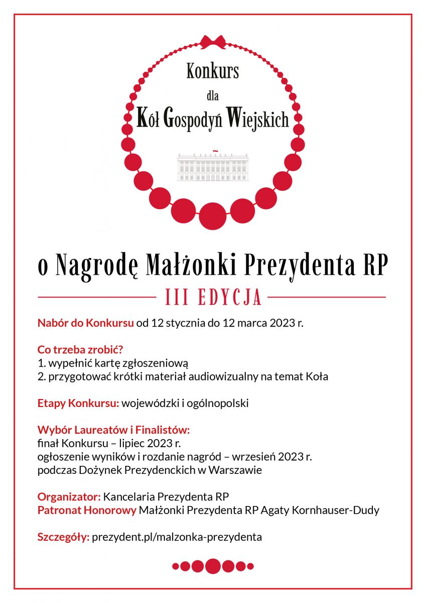 zaproszenie do „Konkursu dla Kół Gospodyń Wiejskich o Nagrodę Małżonki Prezydenta Rzeczypospolitej Polskiej”